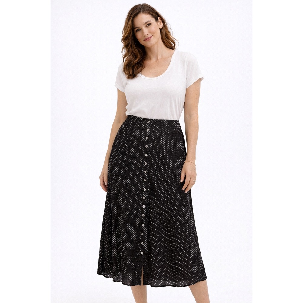 Dressbarn Black Polka Dot Button‎ Front Maxi Skirt Size L Vintage Style 1046
